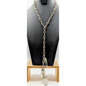 Vintage Long Silver Tone Chain Three Large Clear Lucite Fob Dangle Necklace